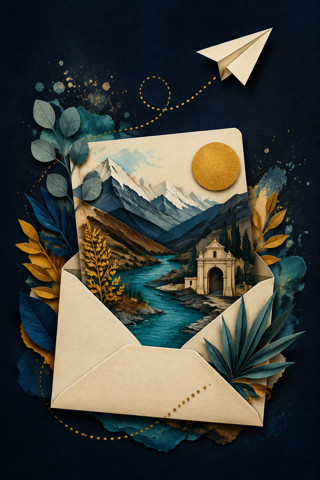 Un sobre abierto con paisajes argentinos, un sol dorado y un avión de papel que conecta destinos.