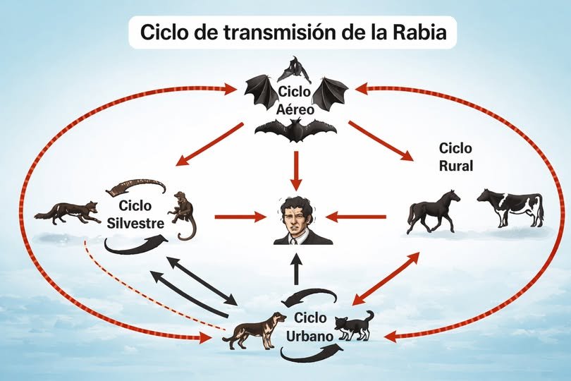 Ciclo de transmisión de la rabia. [Imagen: Facebook - Vacunación Veterinaria]