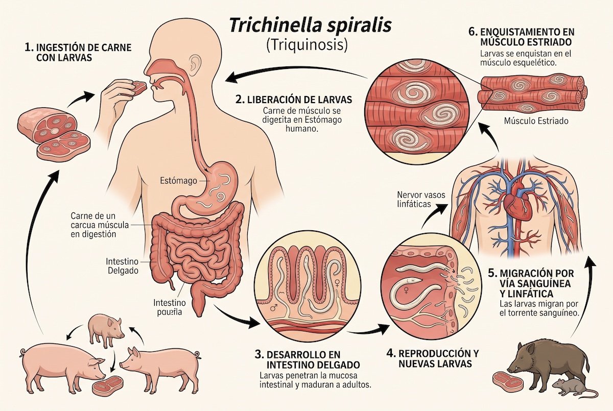 Ciclo de vida de la triquinosis. [Imagen: Tua Saúde]